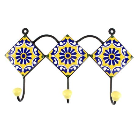 Yellow Base Navy Blue Wheel Flower Ceramic Tile Hook